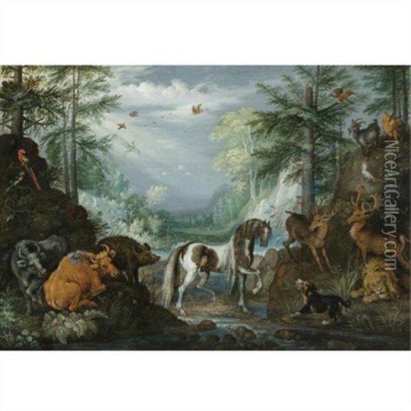A Paradise Landscape With A Skewbald, Heifers, Stags, A Lion, A Dog, Goats, Parrots And Other Animals, The Conversion Of St. Hubert Beyond Oil Painting - Roelandt Savery