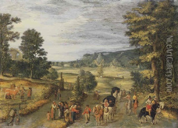 A Landscape With Travellers On A Country Road Oil Painting - Jan Brueghel the Elder