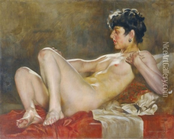 Reclining Nude Oil Painting - Bertalan Karlovszky