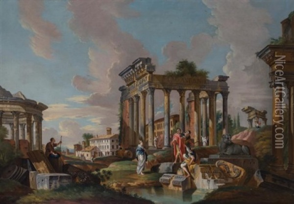 Figures Among Antique Ruins Oil Painting - Giovanni Paolo Panini