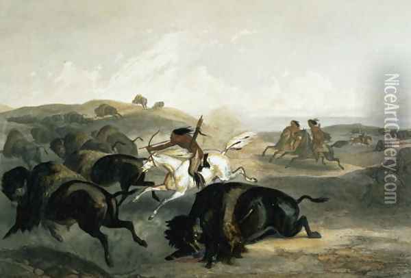 Indians Hunting the Bison, plate 31 from Volume 2 of 'Travels in the Interior of North America' Oil Painting - Karl Bodmer