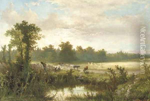 Wolfheze cowherds and cattle near a fen at dusk Oil Painting - Johannes Warnardus Bilders