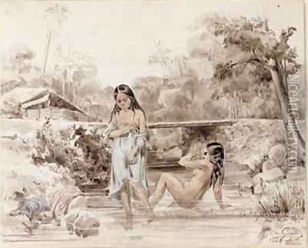 Tahitians Bathing Oil Painting - Charles Giraud