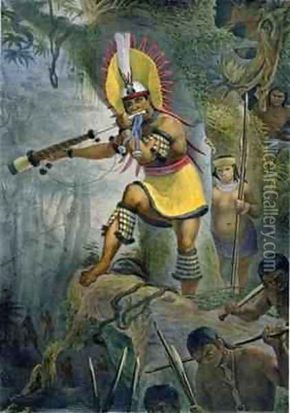 A Coroado Indian Giving the Signal for Attack Oil Painting - Jean Baptiste Debret
