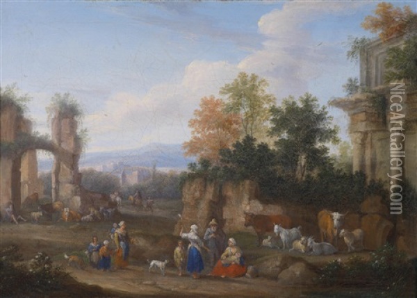 Italienische Landschaft Mit Ruinen Und Bauerlicher Staffage Oil Painting - Mathys Schoevaerdts