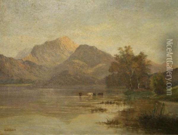 Cattle Watering At The Shore Of A Highland Loch Oil Painting - Alfred de Breanski