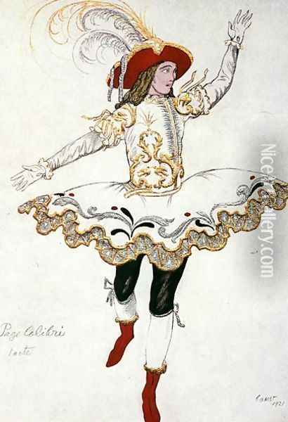 Costume design for The Pageboy of the Fairy Humming Bird, from Sleeping Beauty, 1921 Oil Painting - Leon Samoilovitch Bakst