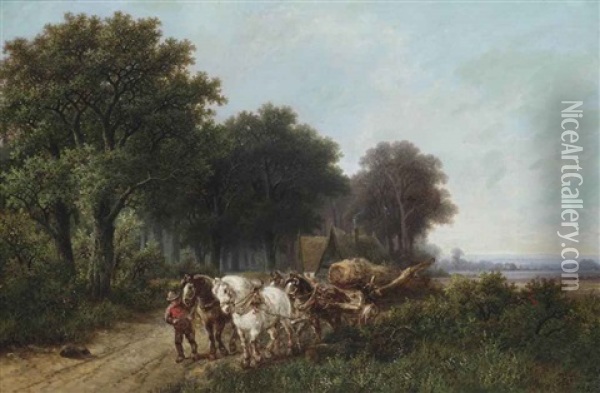 A Woodgatherer With A Malle Jan Oil Painting - Hendrik Pieter Koekkoek