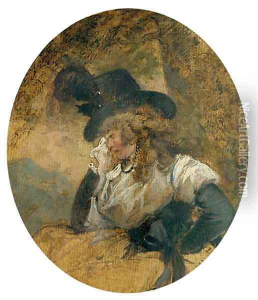 Portrait of the artist's wife, half-length, seated, weeping in the costume she wore for The Fortune Teller, 1788 Oil Painting - George Morland