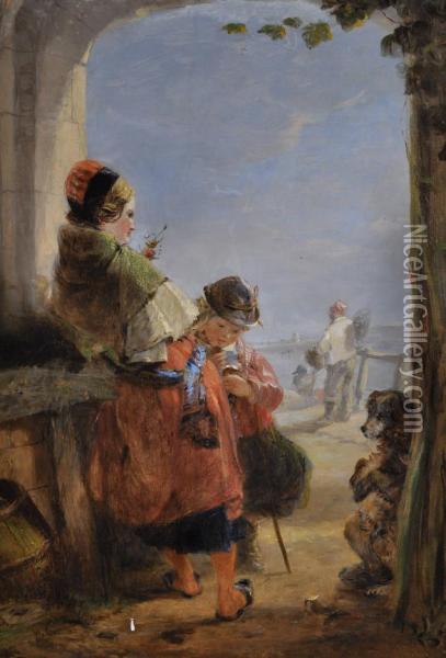 Young Fisher Children Under A Stone Archway By The Sea Oil Painting - William Collins