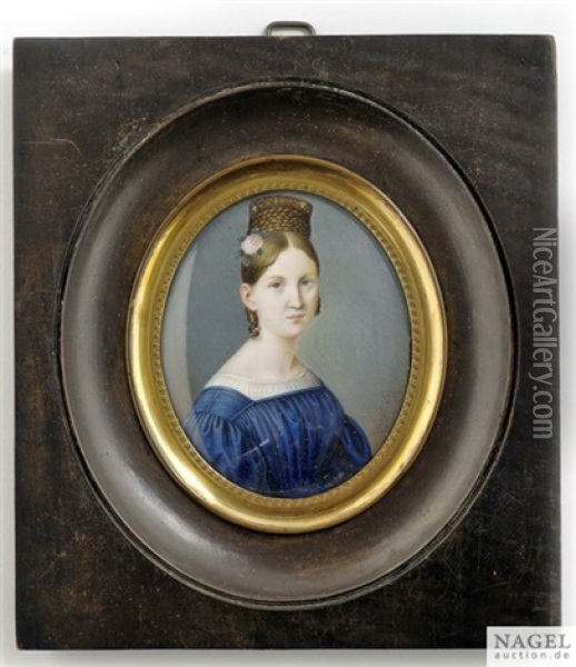 Portrait Einer Jungen Dame In Blauem Kleid Mit Aufgeturmter Zopffrisur Oil Painting - Adalbert Suchy