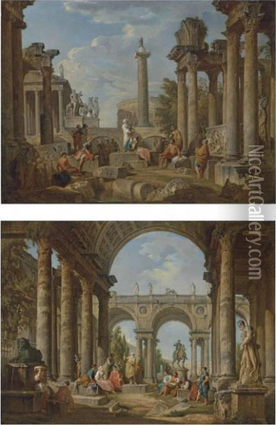 A Classical Capriccio With The Colosseum Oil Painting - Giovanni Niccolo Servandoni