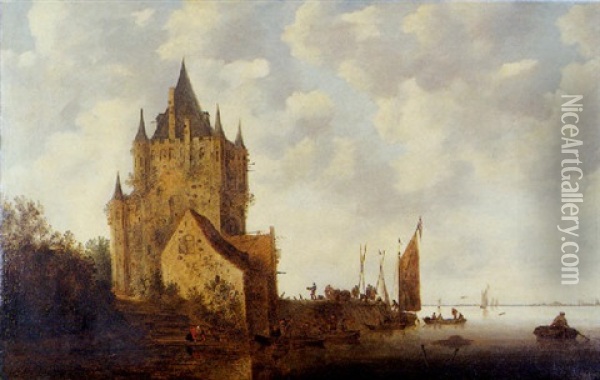 Forteresse Medievale Devant Un Paysage Fluvial Oil Painting - Frans de Hulst