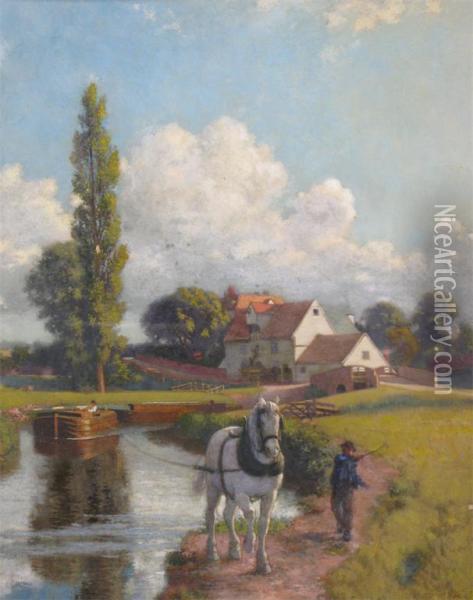Canal Scene With A Horse Drawn Barge Oil Painting - Cyrus Johnson