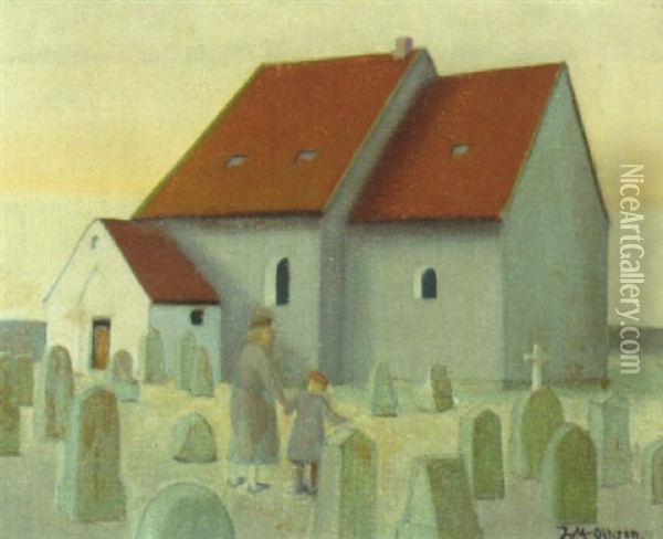 Mor Og Barn Pa Kirkegarden Oil Painting - Jeppe Madsen Ohlsen