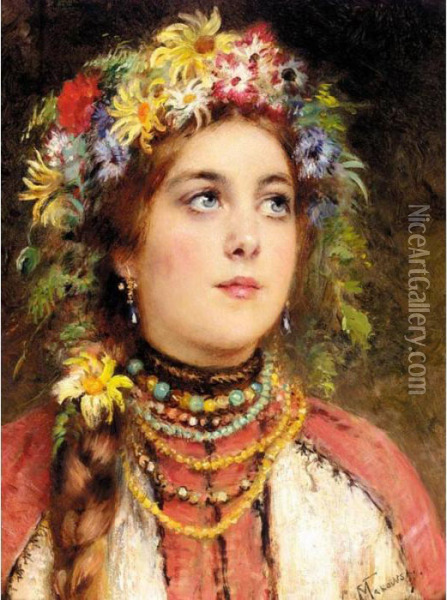Russian Beauty In Summer Garland Oil Painting - Konstantin Egorovich Egorovich Makovsky