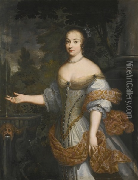 Portrait Of A Lady, Said To Be The Marchioness Of Montchevreuil, Three-quarter-length, Beside A Fountain Oil Painting - Justus van (Verus ab) Egmont