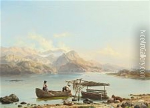 Fishermen On A Mountain Lake In The Alps Oil Painting - Niels Simonsen