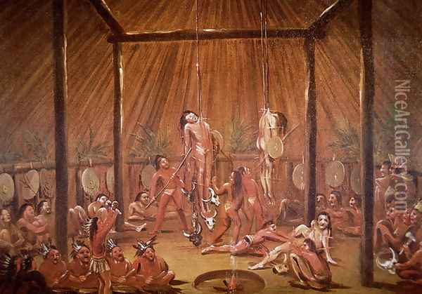 The O-Kee-Pa self-torture religious ceremony of the Mandan tribe, from a painting of c.1835 Oil Painting - George Catlin
