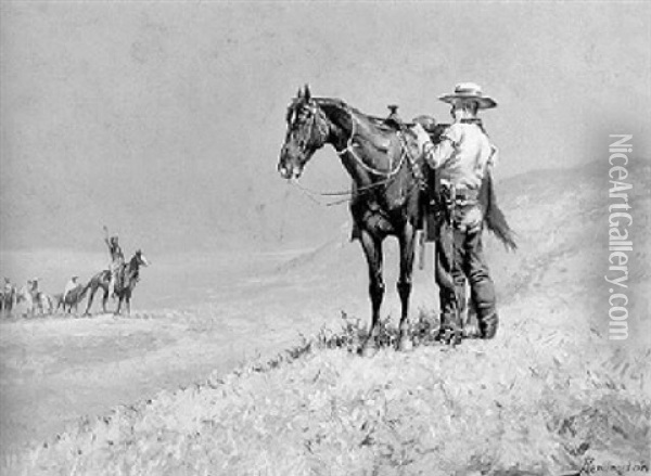 Standing Off Indians Oil Painting - Frederic Remington
