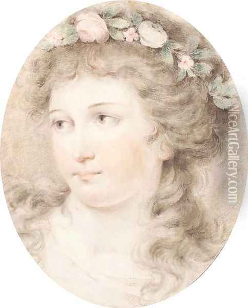 Head of a girl crowned with flowers Oil Painting - Giovanni Battista Cipriani
