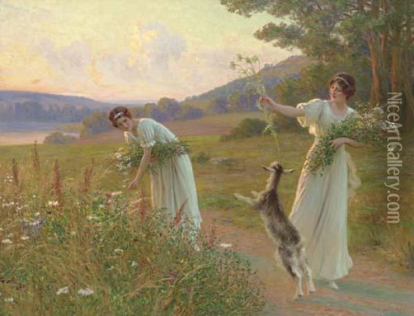A Summer Evening Oil Painting - Leopold-Franz Kowalsky