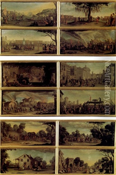 Les Miseres De La Guerre (set Of 12 In 3 Frames) Oil Painting - Jacques Callot