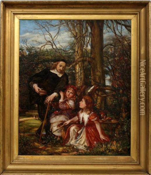 Gentleman And Two Young Girls In Red Dresses Oil Painting - George Herbert