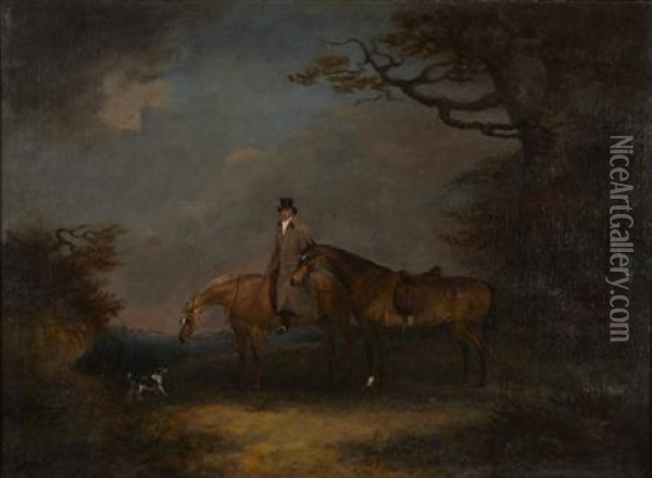 Hunters And Groom In A Wooded Landscape Oil Painting - Dean Wolstenholme the Younger
