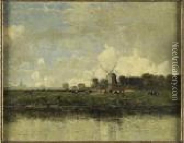 Windmills Beside A Canal Oil Painting - William Alfred Gibson