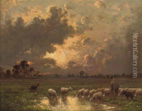 A Shepherd Watering His Flock At Dusk Oil Painting - Paul Chaigneau