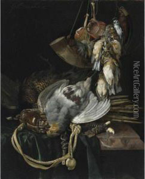A Partridge, A Pheasant, A Hunting Bag And Traps On A Partiallydraped Ledge, Songbirds, A Hunting Horn And Hawking Hoods Hangingabove Oil Painting - Willem Van Aelst