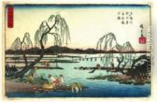 Les Pecheurs De Truites Oil Painting - Utagawa or Ando Hiroshige