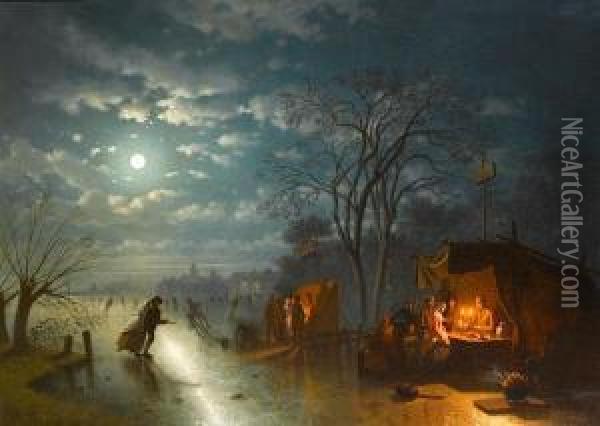 Figures Skating By Moonlight Oil Painting - Johann Mongels Culverhouse