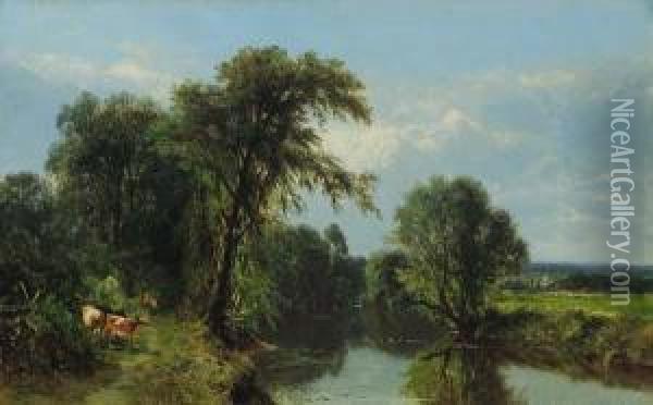 Cattle And Ducks In A River Landscape Oil Painting - James McDougal Hart