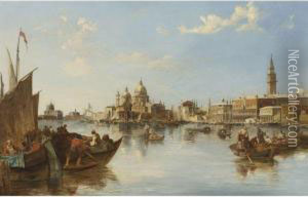 Gondolas And Fishing Boats At The Mouth Of The Grand Canal,venice Oil Painting - Edward Pritchett