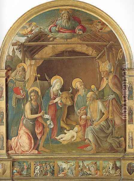 The Nativity with Four Saints 1490-95 Oil Painting - Pietro di Francesco degli Orioli