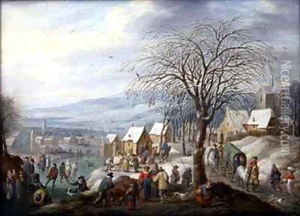 A Village Winter Landscape Oil Painting - Charles Beschey