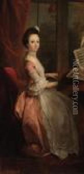 Portrait Of A Girl, Seated At A Harpsicord Oil Painting - Philippe Mercier