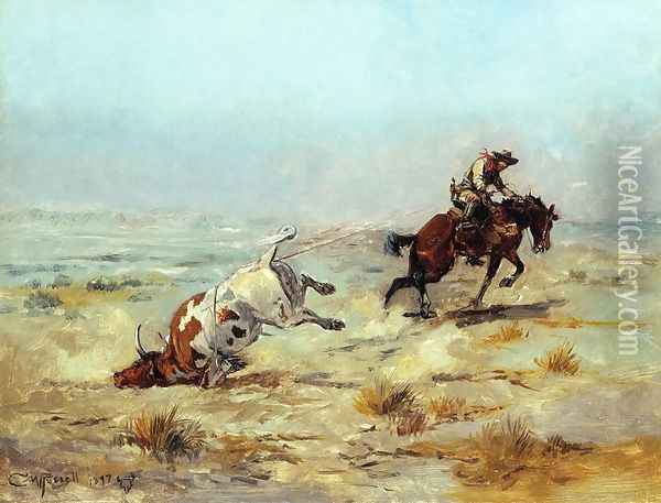 Lassoing a Steer Oil Painting - Charles Marion Russell