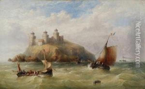 Marina In Burrasca Con Barche Di Pescatori E Isola Con Castello Sullo Sfondo Oil Painting - Henry King Taylor