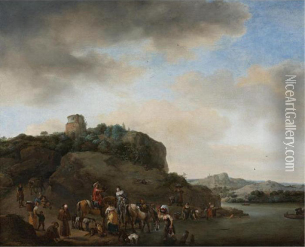 Landscape With A Hawking Party Stopped By A River Oil Painting - Pieter Wouwermans or Wouwerman