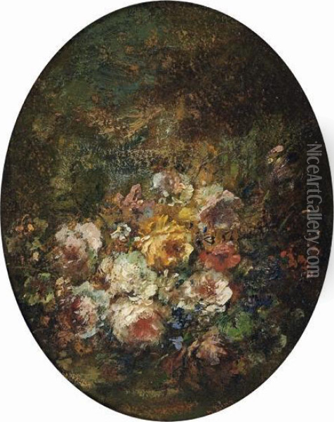 Bouquet De Roses Oil Painting - Narcisse-Virgile D Az De La Pena