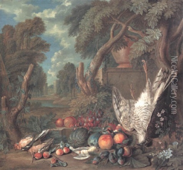 Parkland Landscape With A Falcon Suspended From A Bough Above Fruit Oil Painting - Pieter Rysbraeck