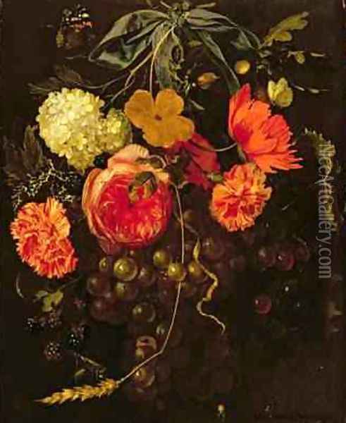 Still Life with a Swag of Fruits and Flowers Tied with a Blue Ribbon Oil Painting - Maria van Oosterwyck