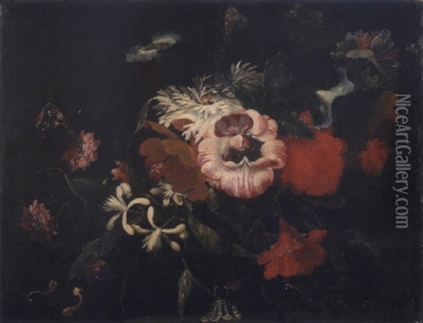 Roses, Volubilis, Chevrefeuille, Pivoines...poses Sur Un Entablement Et Autour Desquels Volettent Des Papillons Et Un Scarabee Oil Painting - Abraham Brueghel