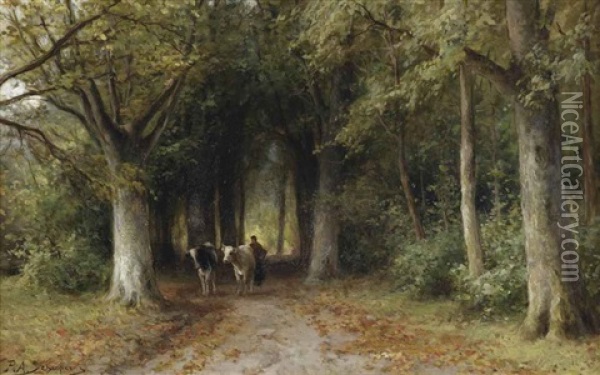 Farmer And Cows On A Forest Track Oil Painting - Piet Schipperus