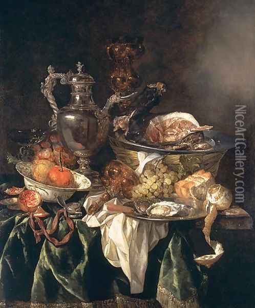 Still Life with a Silver Wine Jar with a Reflected Portrait of the Artist Oil Painting - Abraham Hendrickz Van Beyeren