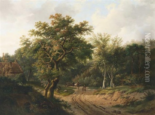 Travellers On A Path In A Wooded Landscape Oil Painting - Alfred Eduard Agenor de Bylandt