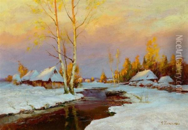 Winter Landscape With River. Oil Painting - Stanislaw Zukowski